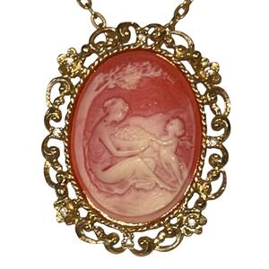 Vintage‎ Gold Tone Cameo Mother Child Pendant Necklace Brooch Pin Pink Filigree
